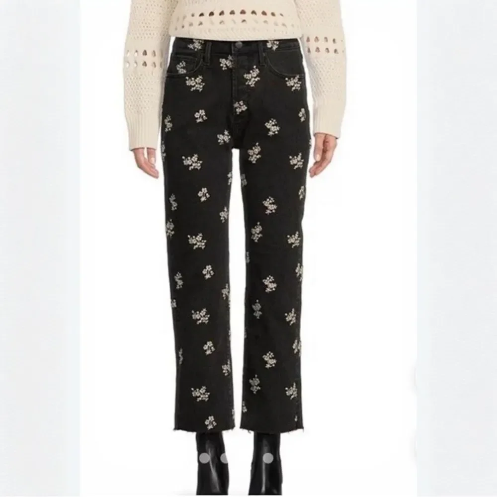 Driftwood Jeans Black Royce Clover Embroidered Button fly Raw Hem 32x26 NWT - Picture 3 of 10